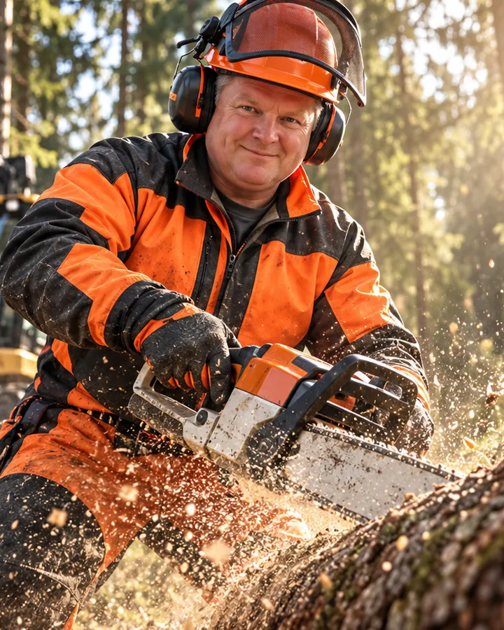 Waldarbeiter beim Aufarbeiten von Stammholz