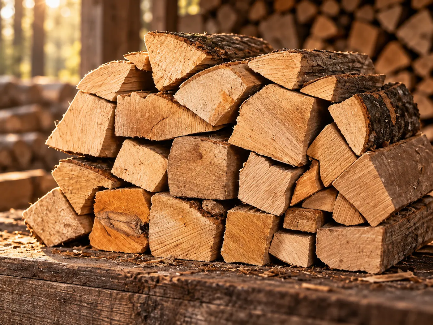 Gespaltenes, trockenes Scheitholz aufgestapelt vor einem Holzlager
