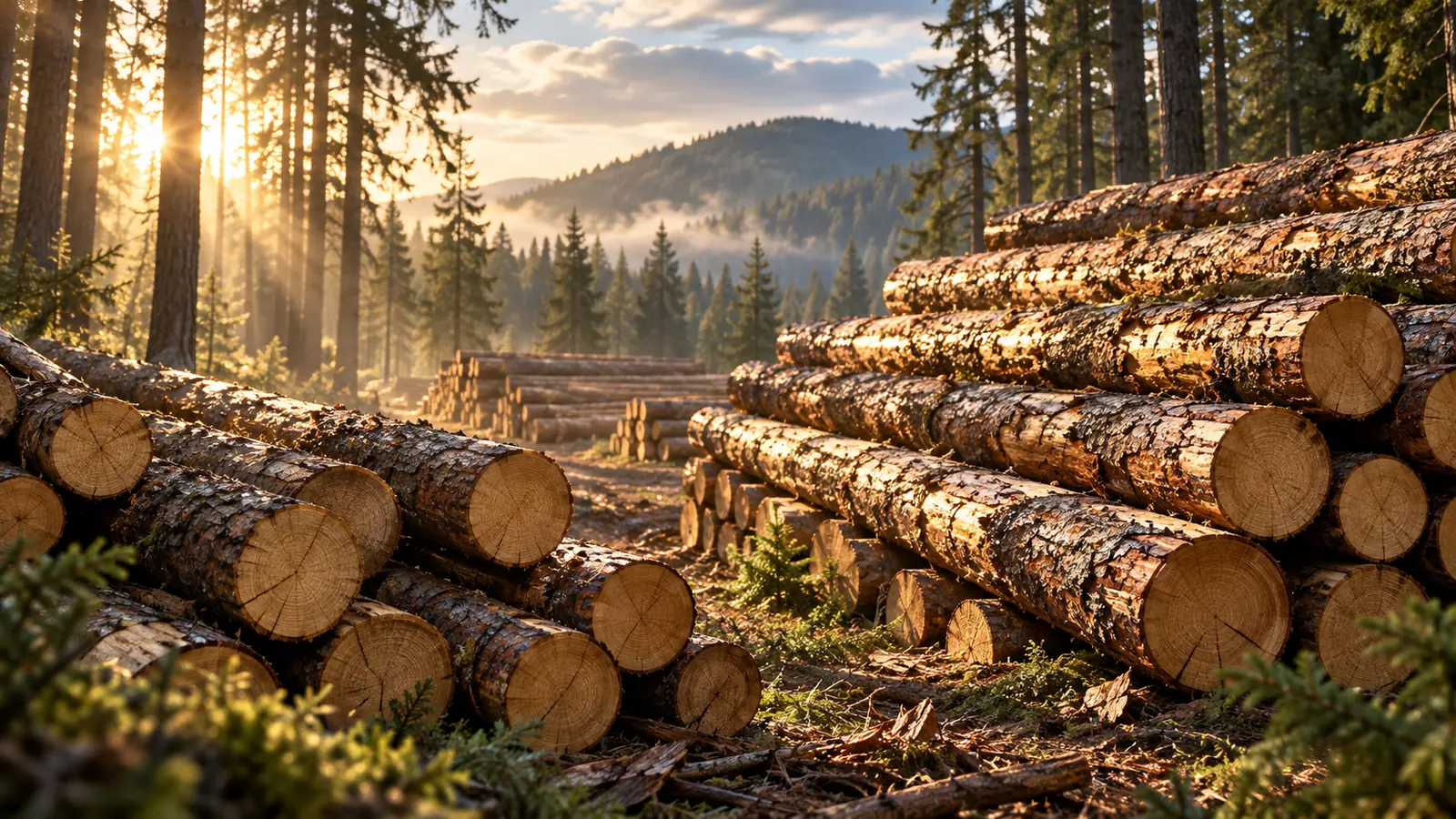 Gestapeltes Stammholz im Wald im Morgenlicht